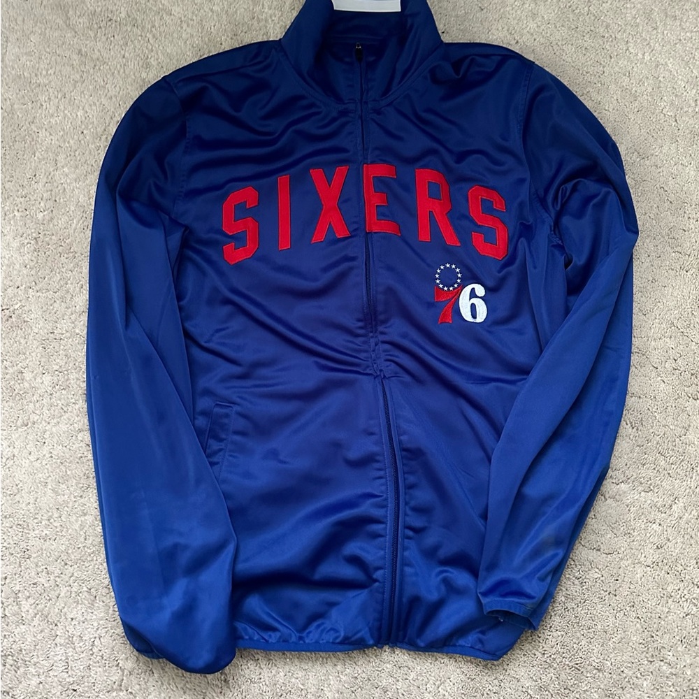 TWO Philadelphia 76ers NBA shooting warmup jackets and a long sleeve T-Shirt.